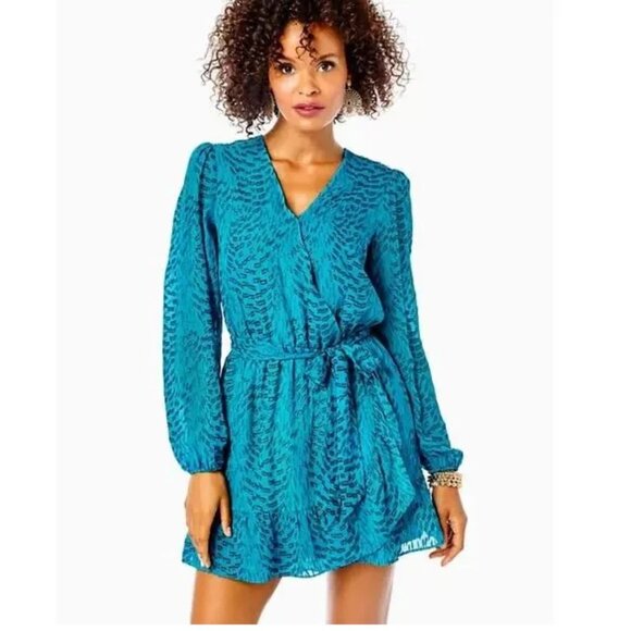 Lilly Pulitzer Alfie Metallic Teal Blue Silk Mini Dress Romper - Picture 1 of 6
